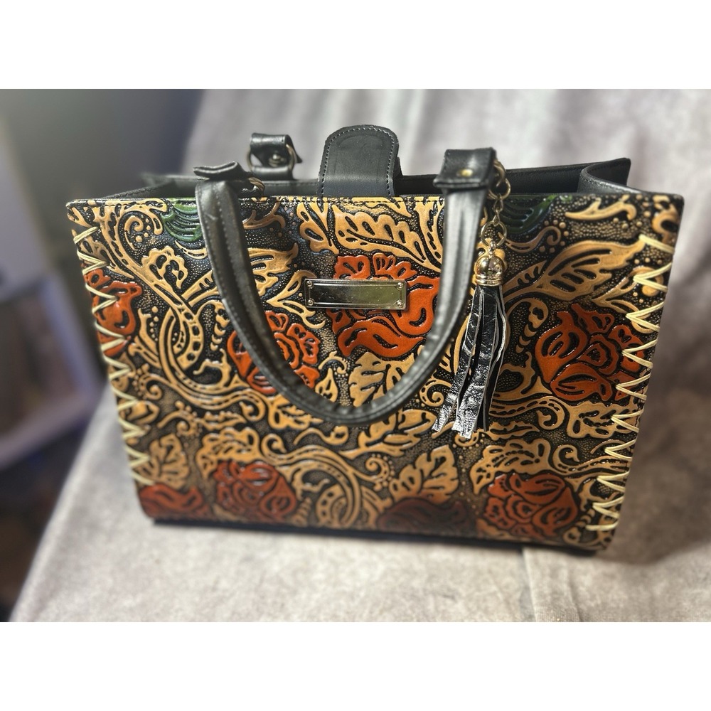 Women's Floral Tote Bag Fall Colors Embossed Paisley Whipstitch Tassel Pouch